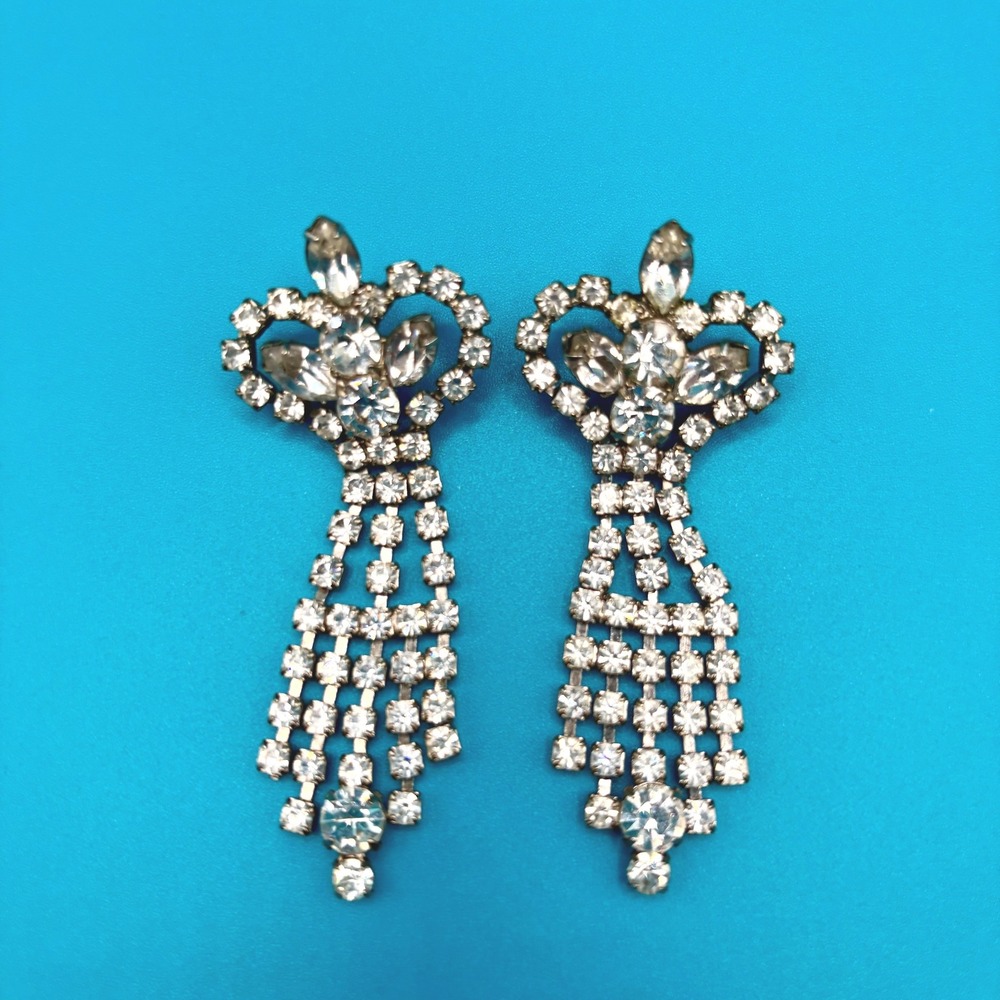 Vintage Rhinestone Dangle Earrings Silver Tone‎ Clear Crystal Glam Party